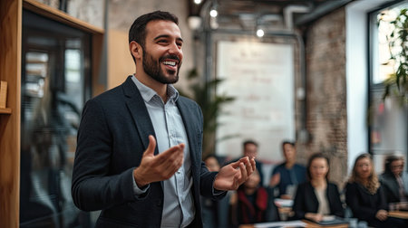 Businessman presenting a product prototype to a small group, showcasing enthusiasm and confidence.の素材