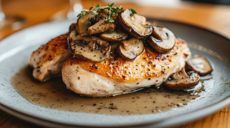 A plate of roasted chicken breast topped with truffle mushrooms and a rich gravy.の素材