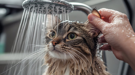 A person using a showerhead to rinse a cat's fur, with the cat looking curious. -の素材