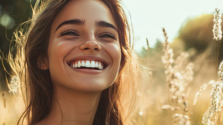 Beautiful woman smiling widely, revealing her straight and white teeth, in a natural setting.の素材