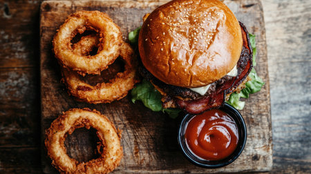 Burger with onion rings and a side of dipping sauce, viewed from above on a wooden board. -の素材