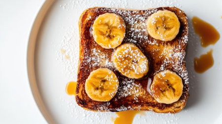 Honey toast topped with caramelized bananas and a sprinkle of powdered sugar, shot from above on a white background.の素材