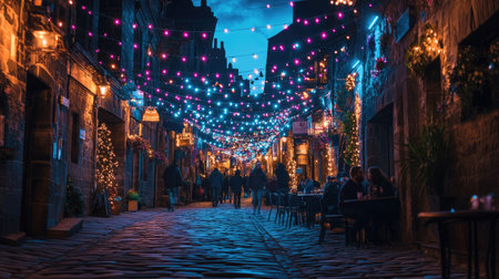 Festival lights illuminating a cobblestone street, with people enjoying the atmosphere.の素材
