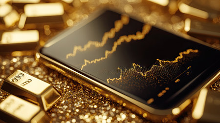 Close-up of a financial chart displaying gold prices on a smartphone screen.の素材