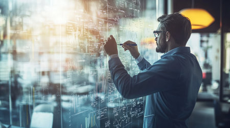 Businessman writing on a glass board with marker, creating a strategic plan in an office.の素材