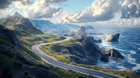 3D illustration of a scenic coastal road with cliffs, ocean waves, and a winding path.の素材