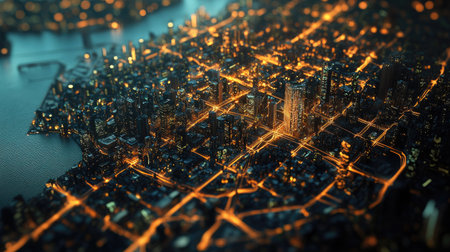 An aerial view of a city with highlighted areas showing wireless network coverage.の素材