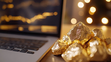 Detailed shot of a gold price chart on a laptop screen, highlighting recent trends.の素材