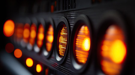 Close-up of a portable speaker's flashing light indicators, creating a dynamic effect.の素材