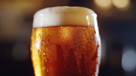 Detailed shot of a pint glass filled with amber beer and a thick, foamy head.の素材