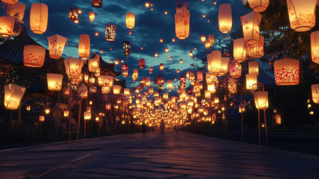 Rows of illuminated lanterns lining a festival street at dusk.の素材