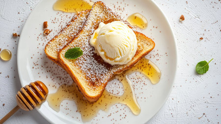 Top view of honey toast with a scoop of vanilla ice cream and a drizzle of honey on a white background.の素材