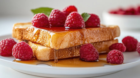 Honey toast with a generous drizzle of maple syrup and fresh raspberries, isolated on a white background.の素材