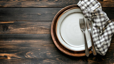 Top view of a table setting with an empty plate, napkin, and silverware, offering space for text.の素材