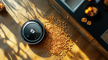 Top view of a vacuum cleaner robot cleaning up spilled cereal on a kitchen floor.の素材