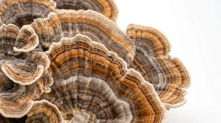 Detailed view of a cluster of turkey tail mushrooms, with their unique shapes highlighted against a white background.の素材