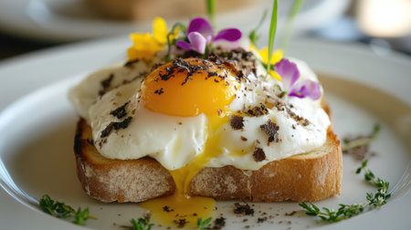 Fresh truffle mushrooms shaved over a poached egg on toast, with vibrant colors.の素材