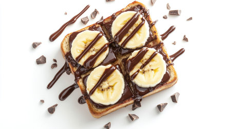 Honey toast with a drizzle of chocolate sauce and fresh banana slices, photographed from above on a white background.の素材