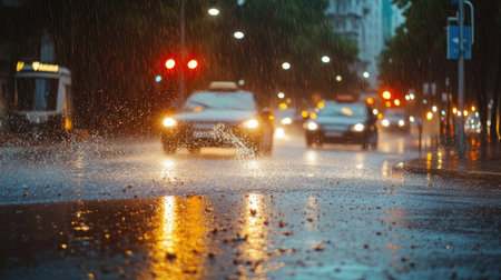Traffic lights at a rainy intersection, with water splashing as cars drive through.の素材