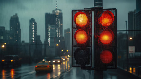 Traffic lights in the rain with a city skyline in the background, creating a moody atmosphere.の素材