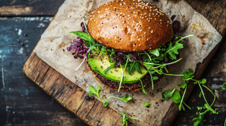 Top view of a vegan truffle burger with avocado and microgreens, on a wooden board.の素材