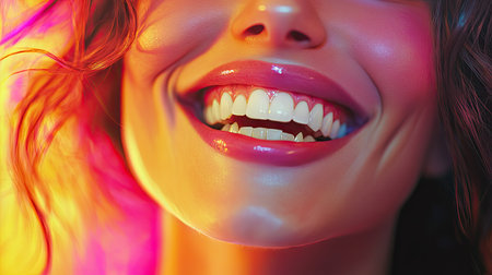Woman with stunning teeth and a warm smile, set against a colorful background.の素材