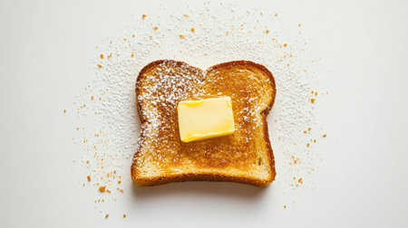 Top view of honey toast with a scoop of butter and a dusting of powdered sugar, set against a white background.の素材
