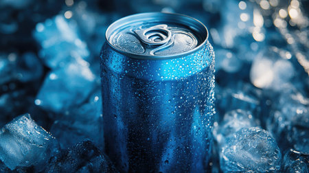 A frosty can of cold beverage resting on ice cubes, with condensation droplets adding to its refreshing appearance.の素材
