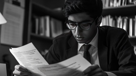 Young professional reviewing documents with a focused expression, seated at a desk.の素材