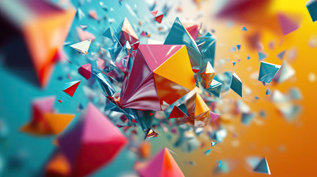 3D composition with dynamic, colorful polygonal shapes in motion, creating an energetic vibe.の素材