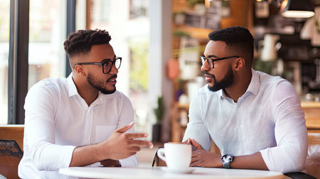 Passionate startup owner discussing future plans with a mentor over coffee.の素材