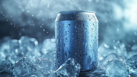A frosty can of cold drink resting on a bed of ice cubes, condensation forming on the surface, creating a cool and refreshing scene.の素材