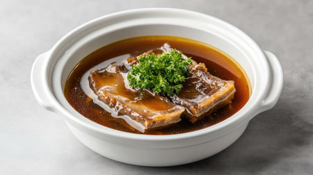 A gourmet presentation of braised shark fin soup in a white dish, isolated on a neutral grey background.の素材