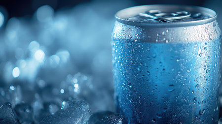 A frosty can of cold beverage resting on ice cubes, with condensation droplets adding to its refreshing appearance.の素材