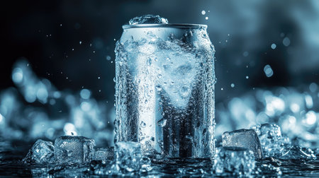A can of cold drink embedded in ice cubes, condensation dripping down, giving a chilled and invigorating appearance.の素材