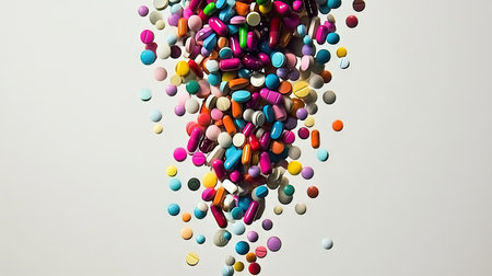 A cascade of vibrant pills, in various colors, falling onto a light grey backdrop, forming a lively and eye-catching arrangement.の素材