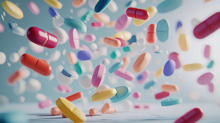 A cascade of colorful pills falling onto a light grey backdrop, creating an energetic and visually appealing scene.の素材