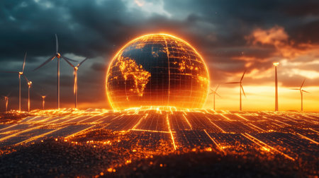 Abstract 3D globe with glowing solar panels and wind turbines, highlighting clean energy.の素材