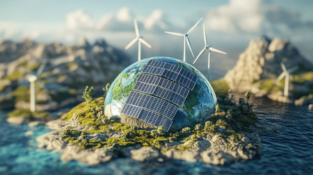 3D globe with solar panels and wind turbines, emphasizing global renewable energy.の素材