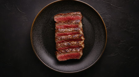 A perfectly grilled Wagyu Rib Eye steak, sliced and displayed on a plate. The dark background adds depth to the rich, juicy beef. Top view.の素材