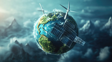 Abstract 3D globe with wind turbines and solar panels, representing global clean energy.の素材