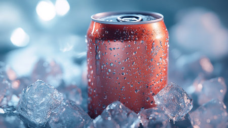 A chilled can of cold drink, surrounded by ice cubes, condensation on the surface, evoking a refreshing coolness.の素材