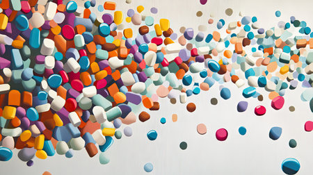 A vibrant mix of colorful pills cascading onto a light grey backdrop, forming a lively and visually appealing display.の素材