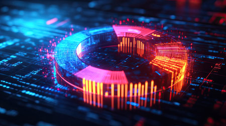 3D pie chart with radiant, glowing segments representing financial data on a dark background.の素材