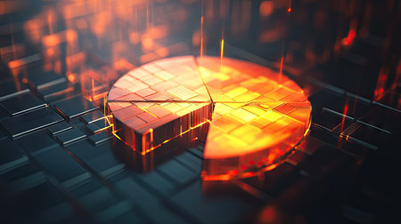 3D rendering of a financial pie chart with luminous, glowing segments and a radiant effect.の素材