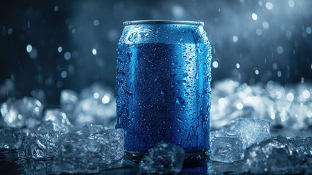 A chilled can of cold drink, surrounded by ice cubes, condensation on the surface, evoking a refreshing coolness.の素材