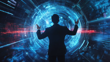 Businessman presenting futuristic business world metaverse graphic. In the form of innovation in digital business processing technology, innovation of the 21st century -の素材