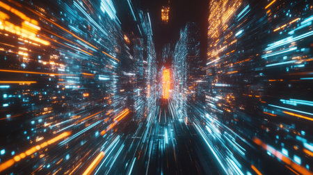 3D Rendering of warp speed in hyper loop with blur light from buildings' lights in mega city at night. Concept of next generation technology, fin tech, big data, 5g fast network, machine learningの素材