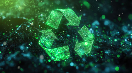 Bright 3D recycling symbol with glowing green elements, highlighting environmental conservation.の素材