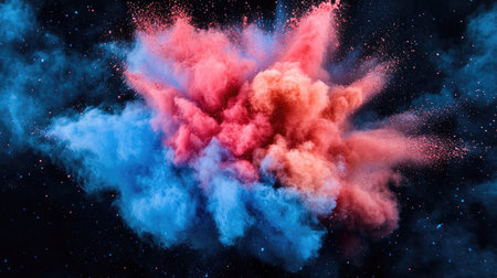 Colored powder explosion. Abstract closeup dust on backdrop. Colorful explode. Paint holi -の素材
